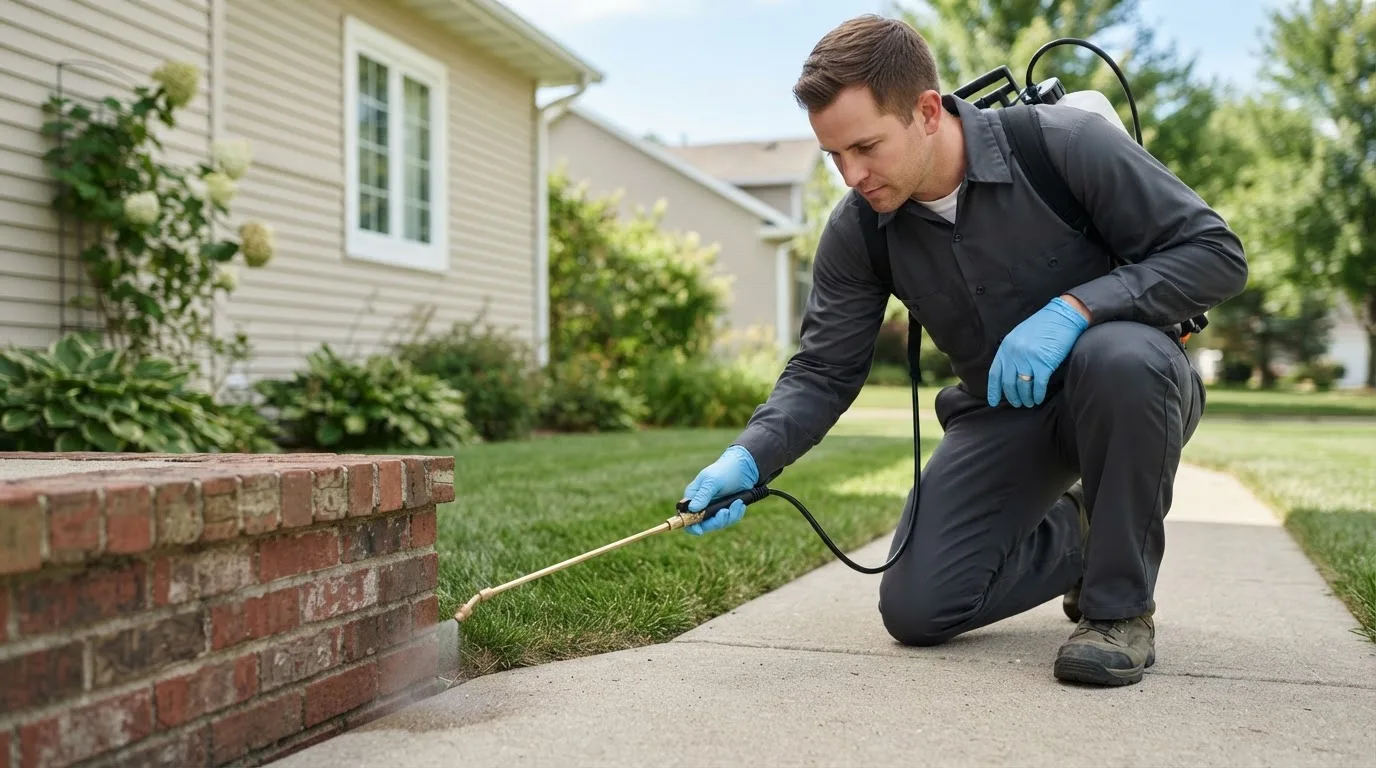 Pest control technician treating a home near Beasley, TX